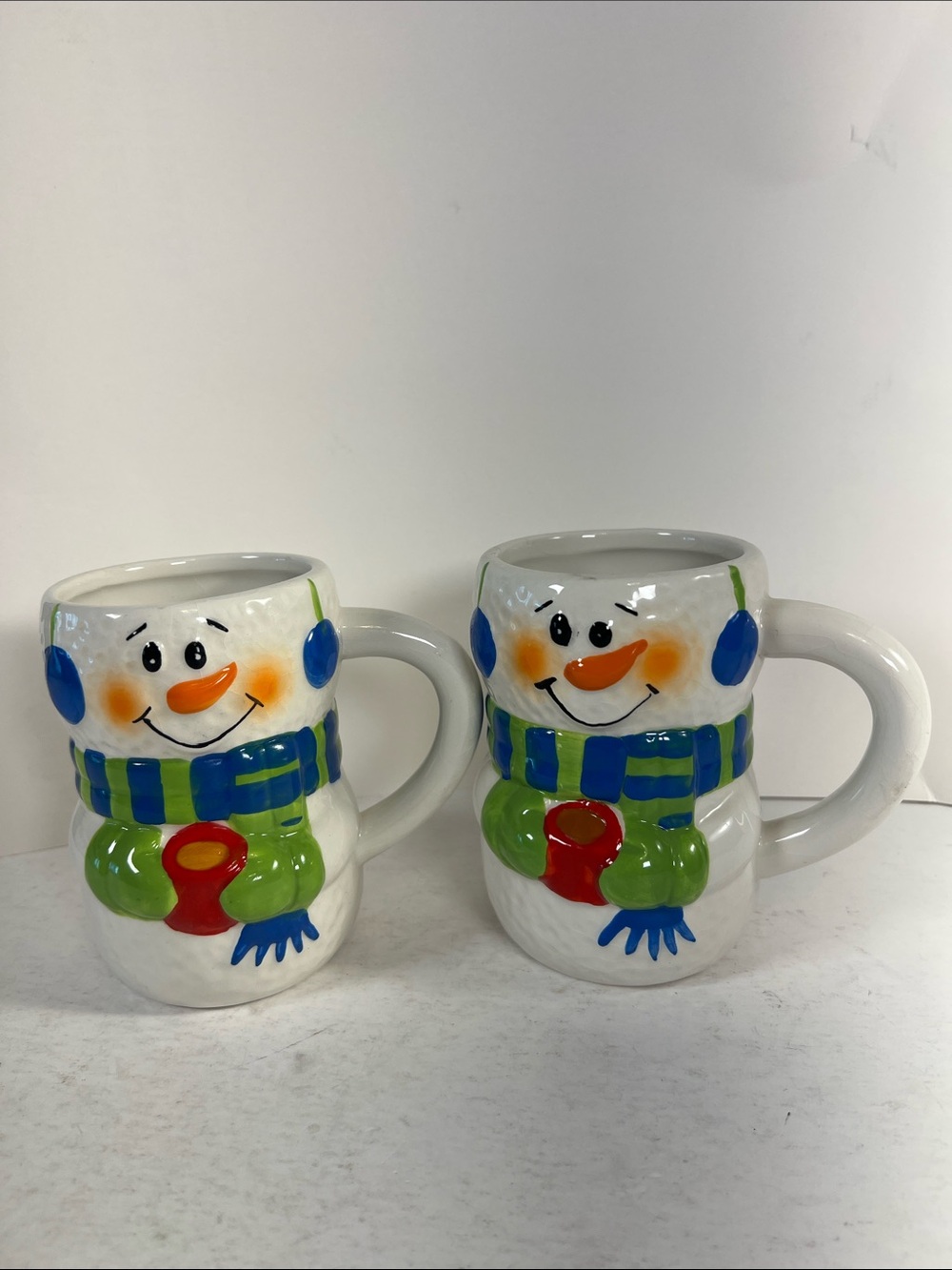 Hand-Painted Snowman Ceramic Mug - White with Blue & Green Accents